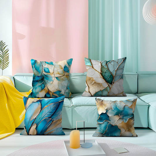 Set of 4 abstract turquoise leaf pattern throw pillow covers made of 100% polyester peach skin velvet fabric. Features zipper closure, machine washable, and suitable for various room types. Each cover measures 45x45cm and includes decorative pillowcases.