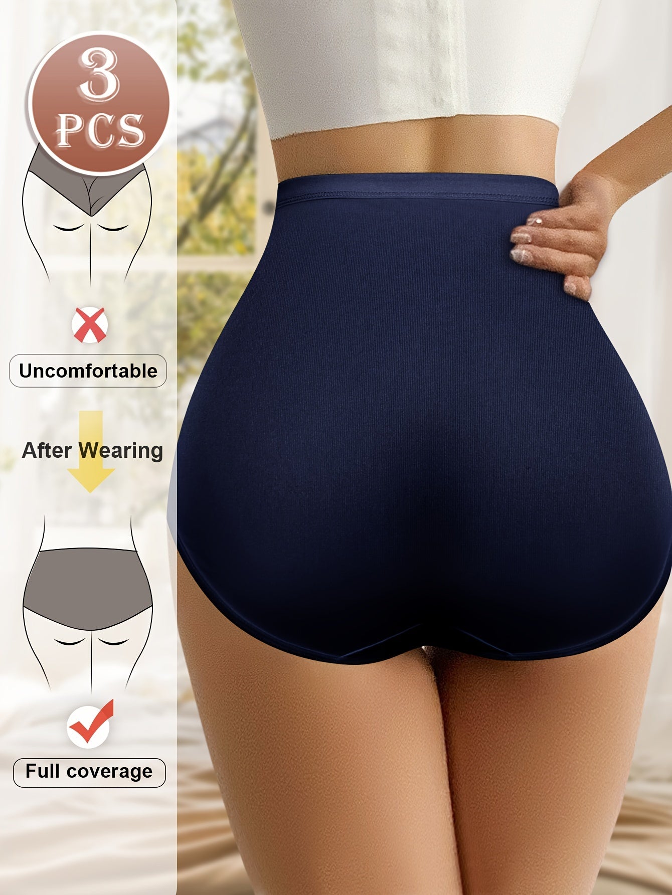 High-waisted tummy control panties, breathable mesh, seamless triangle shapewear with butt lifting feature (3 pieces).