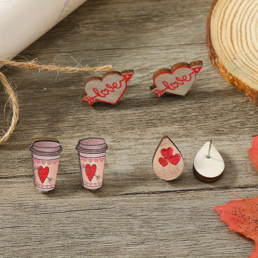 Get 9 pairs of women's fashion earrings for Valentine's Day, including pink rose love earrings, wooden cupid's arrow calendar earrings, coffee cup love earrings, palm bier earrings, and more. These earrings are made from wooden materials and will make