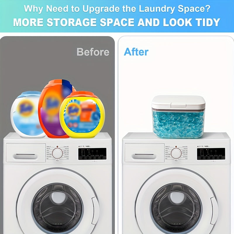 Organize your laundry pods with ease using this convenient Laundry Pod Dispenser Container. Made from transparent PET plastic, this storage organizer features a one-press button lid for easy access, a leakproof design, and a measuring cup for precise