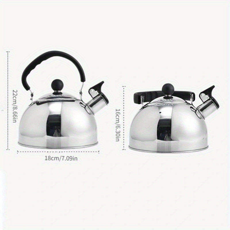 Stainless steel whistling kettle for fast boiling on gas stove or induction cooktop, ideal for outdoor use.