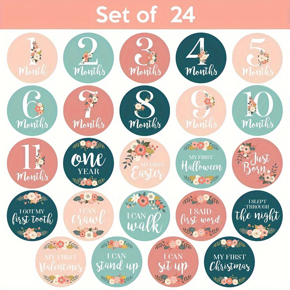 Monthly Milestone Stickers - Set of 24, featuring Floral Designs for Monthly Growth Milestones; Perfect Keepsake Gift for New Parents