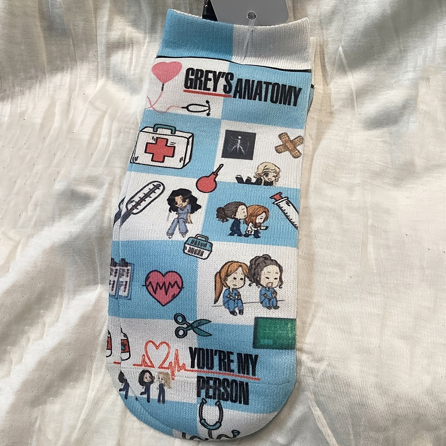 Whimsical cartoon nurse socks with Grey's Anatomy inspired designs, perfect for medical professionals and students. Made of soft polyester blend. Ideal gift for graduation or work