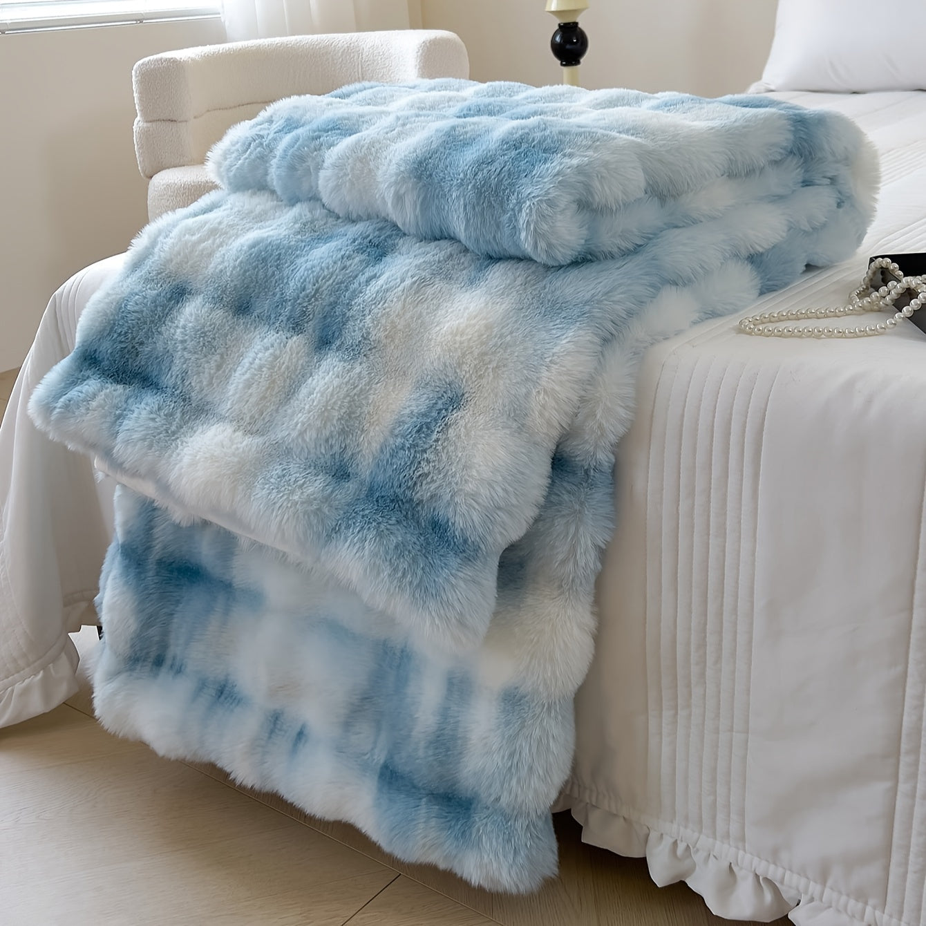 One piece of tie-dye faux rabbit fur blanket with shaggy short plush material for a soft, fluffy bed or sofa blanket, perfect for cozy naps and throws.