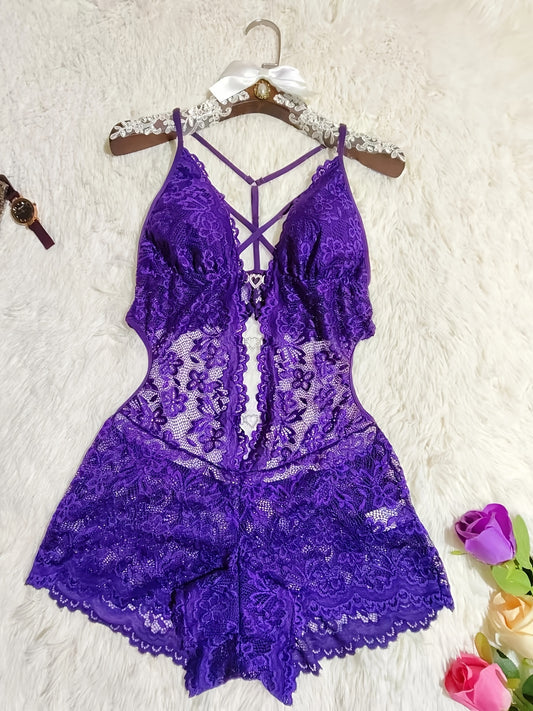 Sexy lace bodysuit with cross strap design and heart diamond detail, made of 95% polyester and 5% elastane knit fabric. No padding, fashionable one-piece lingerie for women.