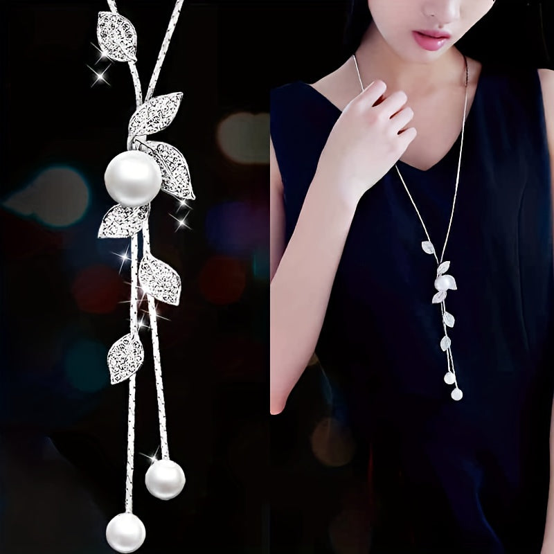 Long Sweater Chain Necklace with Imitation Pearl Leaf Tassel Pendant, Feminine Clothing Accessory