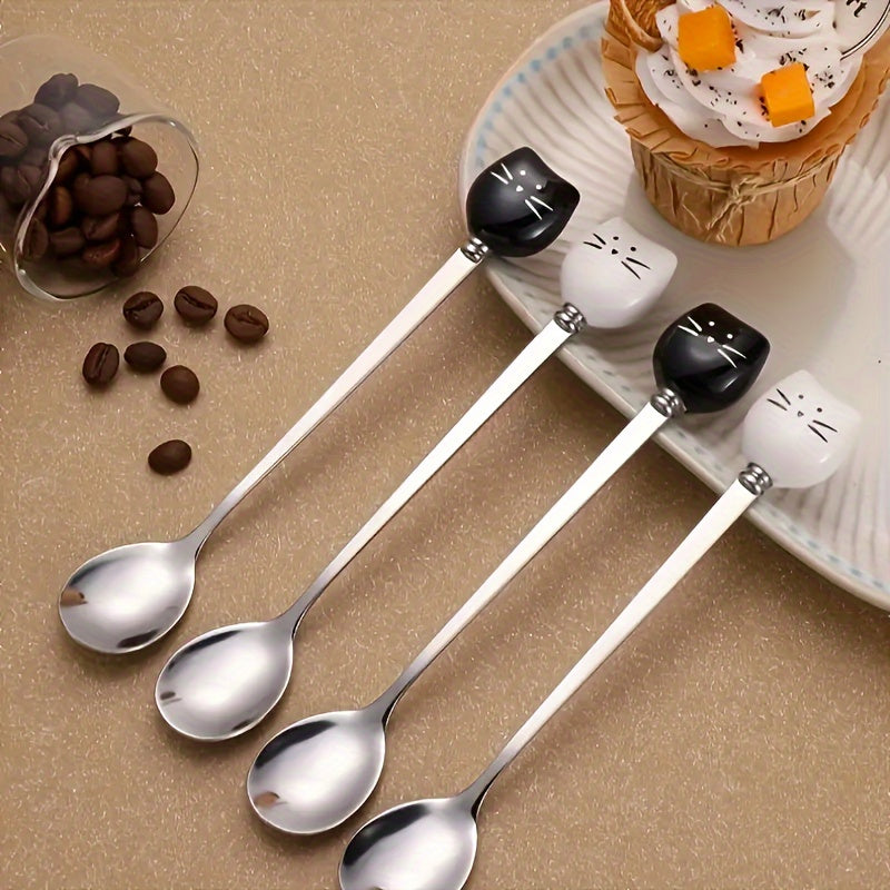 Stainless steel cartoon cat spoon, perfect for ice cream, tea, and soup.