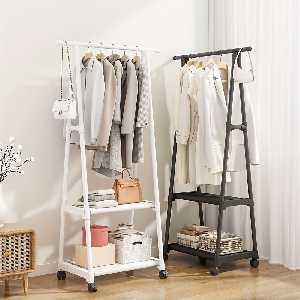 Versatile Metal Clothing Rack with Triangular Wheeled Stand, Portable Multi-Layer Organizer for Hanging Clothes and Coats, Ideal for Home, Kitchen, and Closet Organization.