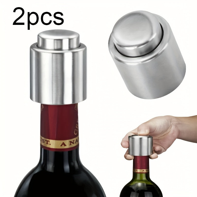 Stainless steel wine bottle stopper set with vacuum seal, perfect for preserving freshness. Great for home use or as a wedding gift.