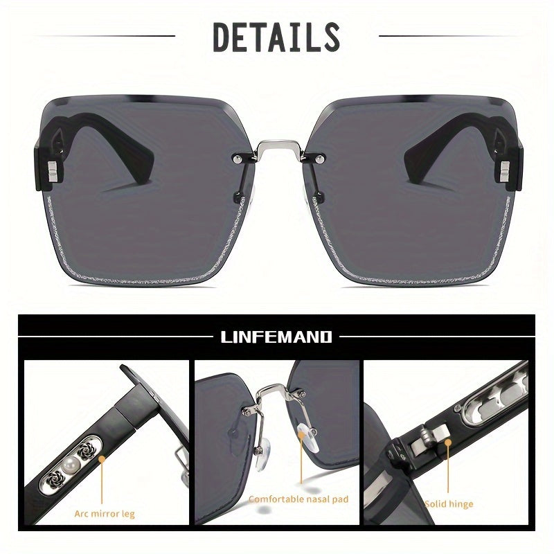 LINFEMAND Frameless Gradient Fashion Eyeglasses with Pearl Flower Decoration, PC Lens, Plastic Frame, Case, Suitable for Men and Women as Summer or Festival Gift.