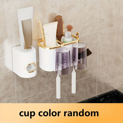 RV wall-mounted bathroom organizer set includes automatic toothpaste dispenser, toothbrush holder, multi-color cups - complete kit.