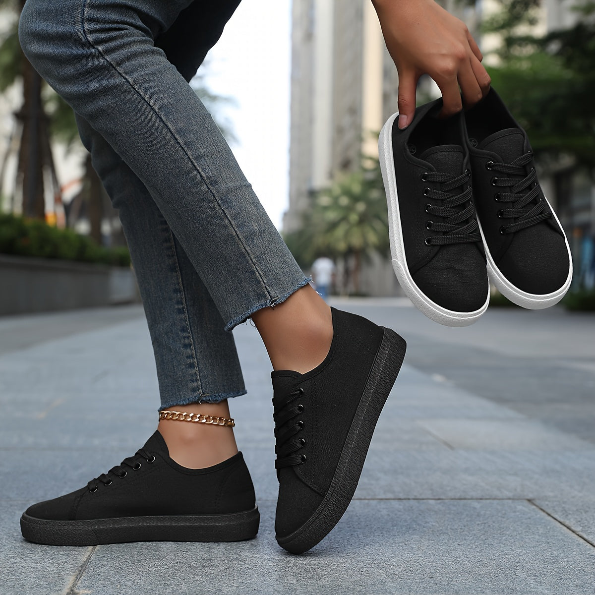 Women's platform skate sneakers with breathable fabric upper and durable PVC sole. Versatile casual shoes for walking and outdoor activities in black and white. Features comfort insole.