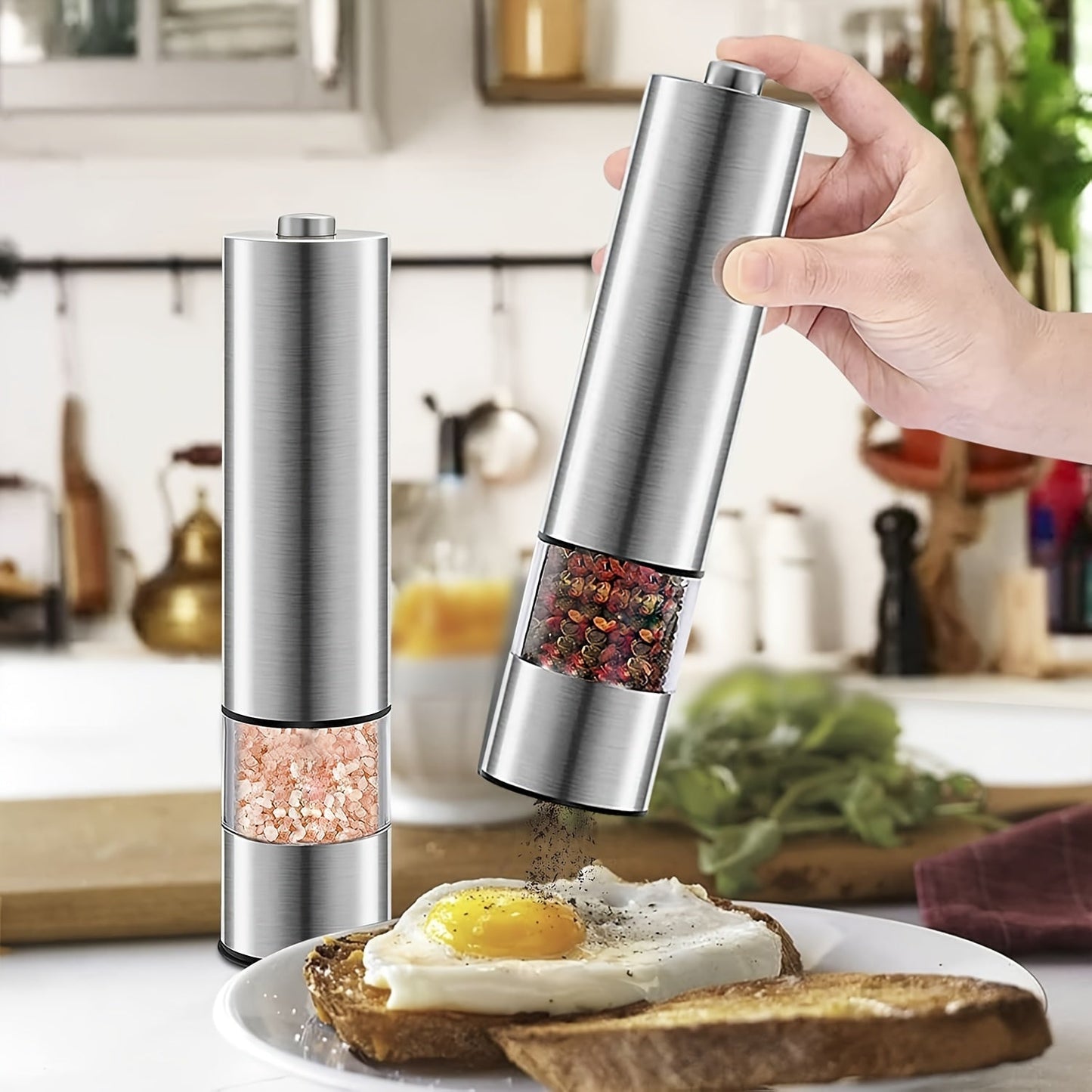 Get your hands on a set of two electric salt and pepper grinders that are battery powered. These grinders offer convenient one-hand operation and feature an automatic pepper grinder. They are electronically adjustable and can be used as essential kitchen