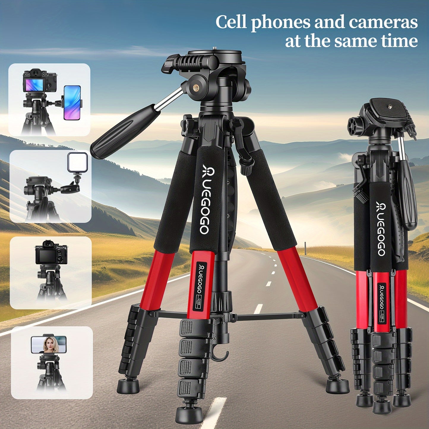 Lightweight digital SLR tripod camera stand with detachable gimbal and reinforced aluminum alloy construction, ideal for live streaming.