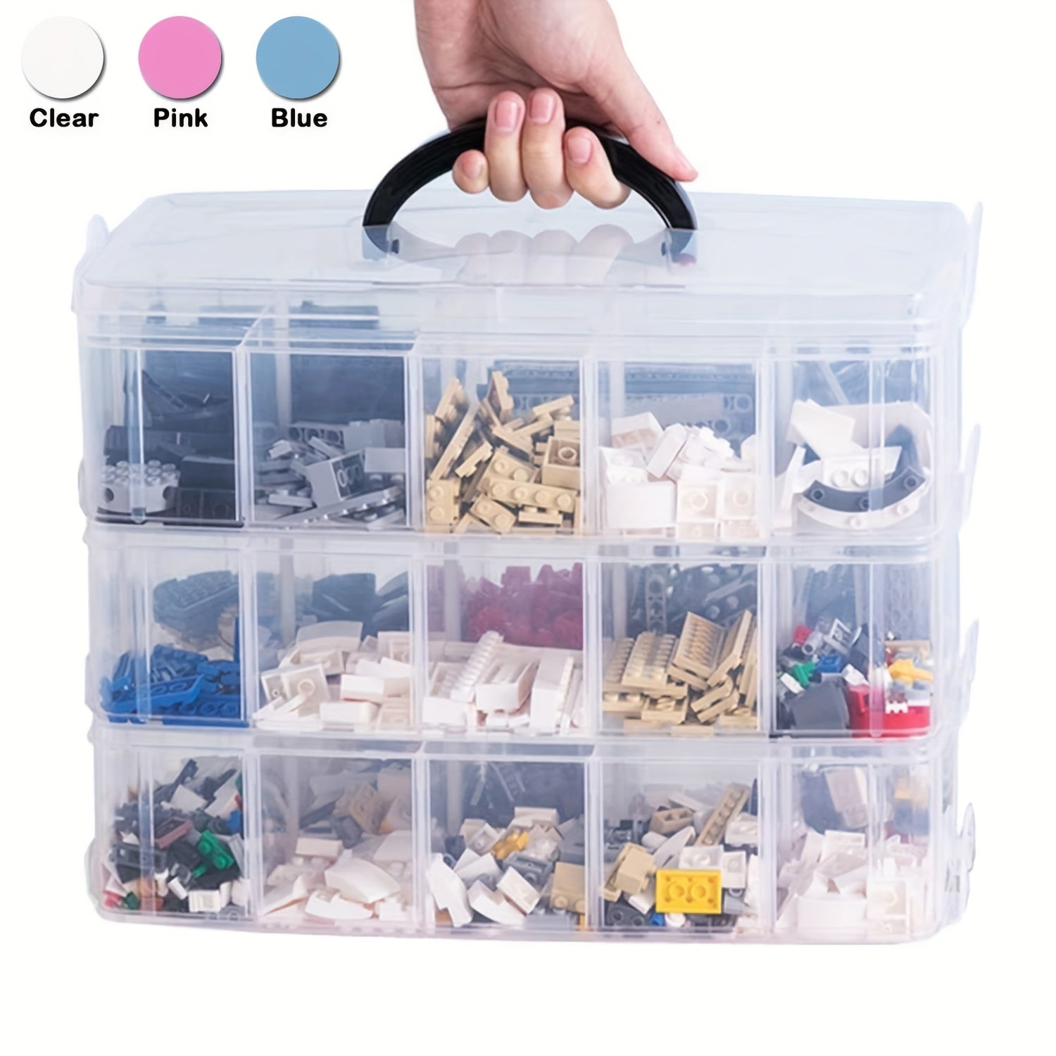 Large 3-layer storage box with 30 adjustable compartments for organizing embroidery, beauty supplies, nail polish, and jewelry.