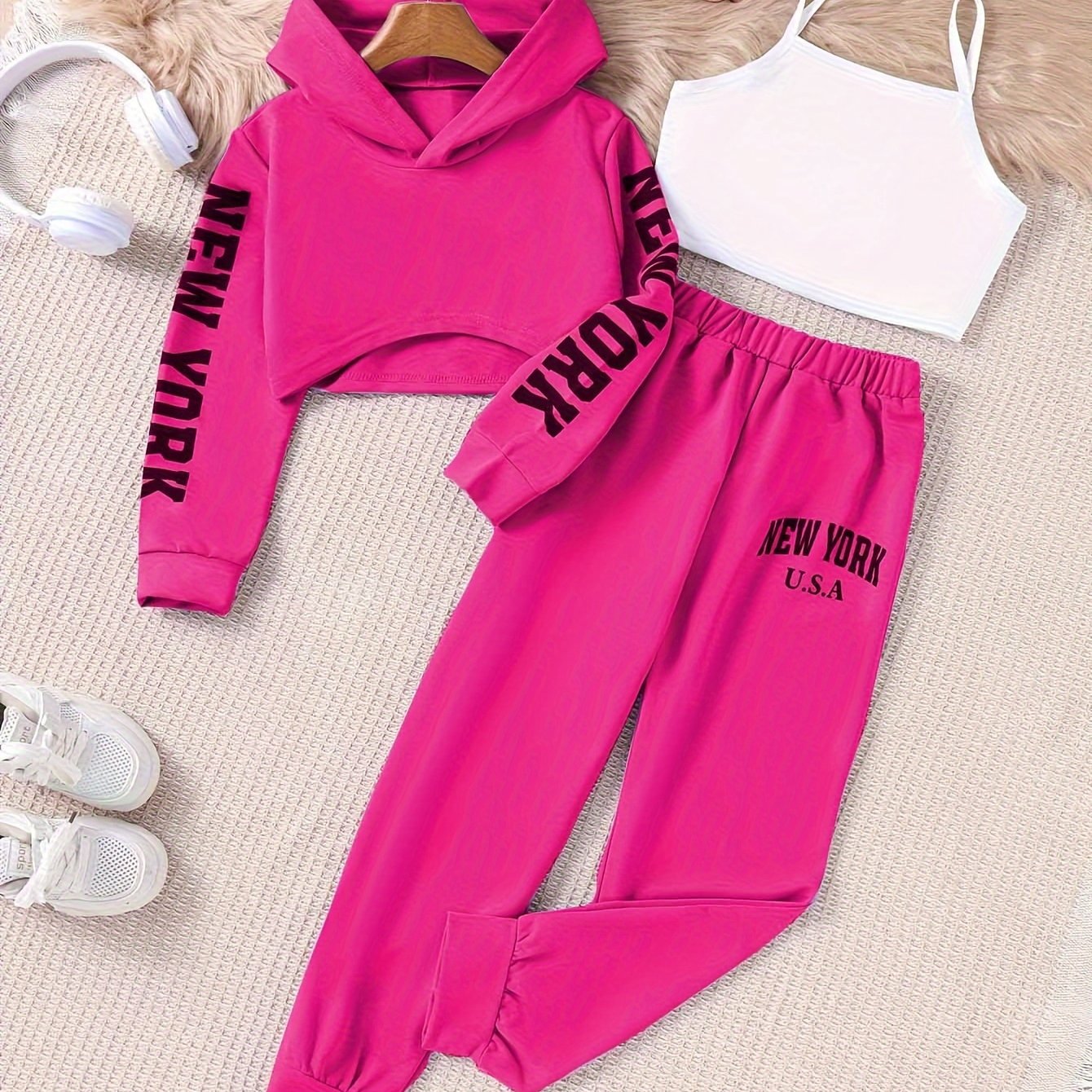 3-piece stylish outfit for girls with a NEW YORK print hoodie, cami top, and sweatpants, perfect for daily and outdoor wear in spring and fall.