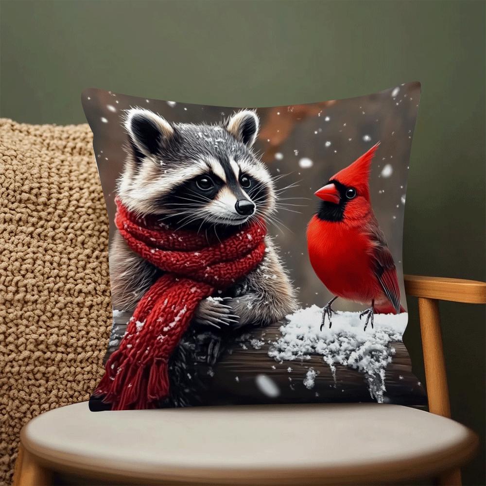 Decorate your space with this charming Raccoon & Cardinal decorative throw cushion cover! Featuring a traditional cartoon style, this polyester cover is machine washable and has an invisible zipper for easy removal. Please note that the insert is not