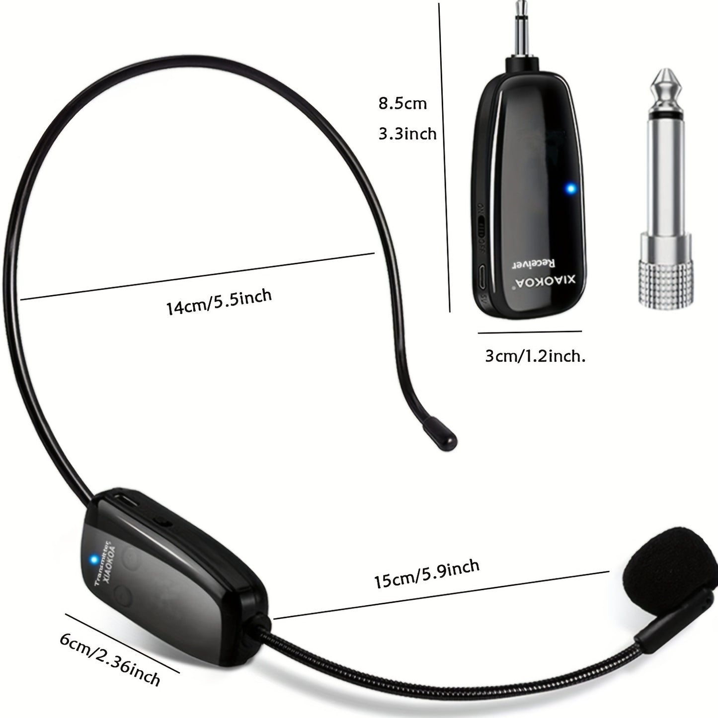 Rechargeable wireless microphone headset with UHF receiver, ideal for public speaking and teaching, USB Type-C charging.