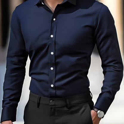 Men's Elegant Long Sleeve Button-Up Shirt made of casual polyester, non-stretch fabric for business and spring/fall.