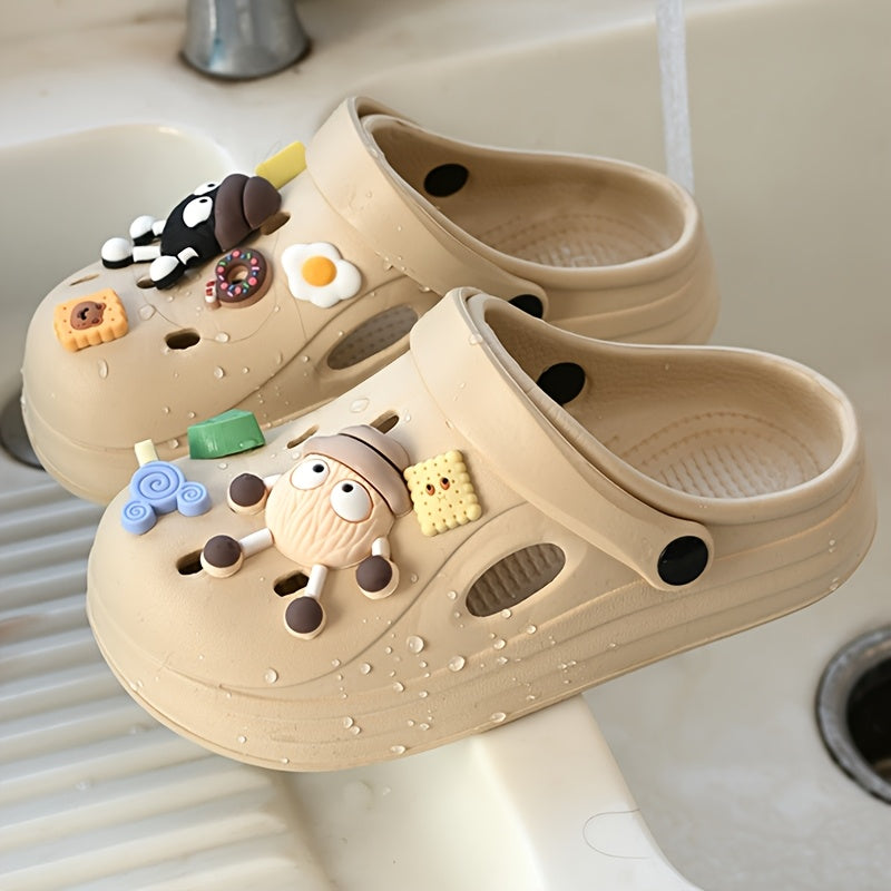 Beige EVA Clogs with Food & Cartoon Charms - Comfortable Slip-On Sandals for All Seasons, Easy to Clean