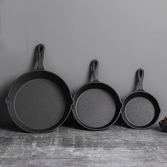 Set of three durable cast iron skillets with non-stick coating, flat bottoms, and sizes of 16cm, 20cm, and 26cm, suitable for induction cookers.