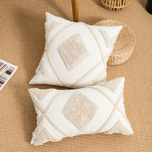 Bohemian geometric pillow cover featuring hemp rope & velvet embroidery - perfect for bedroom, living room, or sofa decor. Square design in beige with jute detailing.