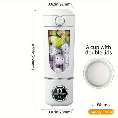 Portable juicer with digital display, compact design, and USB rechargeable battery. Suitable for making smoothies, milkshakes, and fresh fruit juice. Features easy-cleaning 12-blade system, double lid, and ice crusher. Perfect for travel and on-the-go