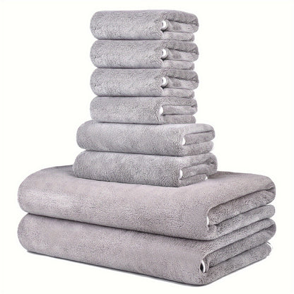 Super soft microfiber bath towel set includes 8 pieces: 2 bath towels (68.58 x 139.7 cm), 2 hand towels (34.8 x 76.2 cm), and 4 square towels (34.8 x 34.8 cm). Quick drying, highly absorbent, and lightweight.