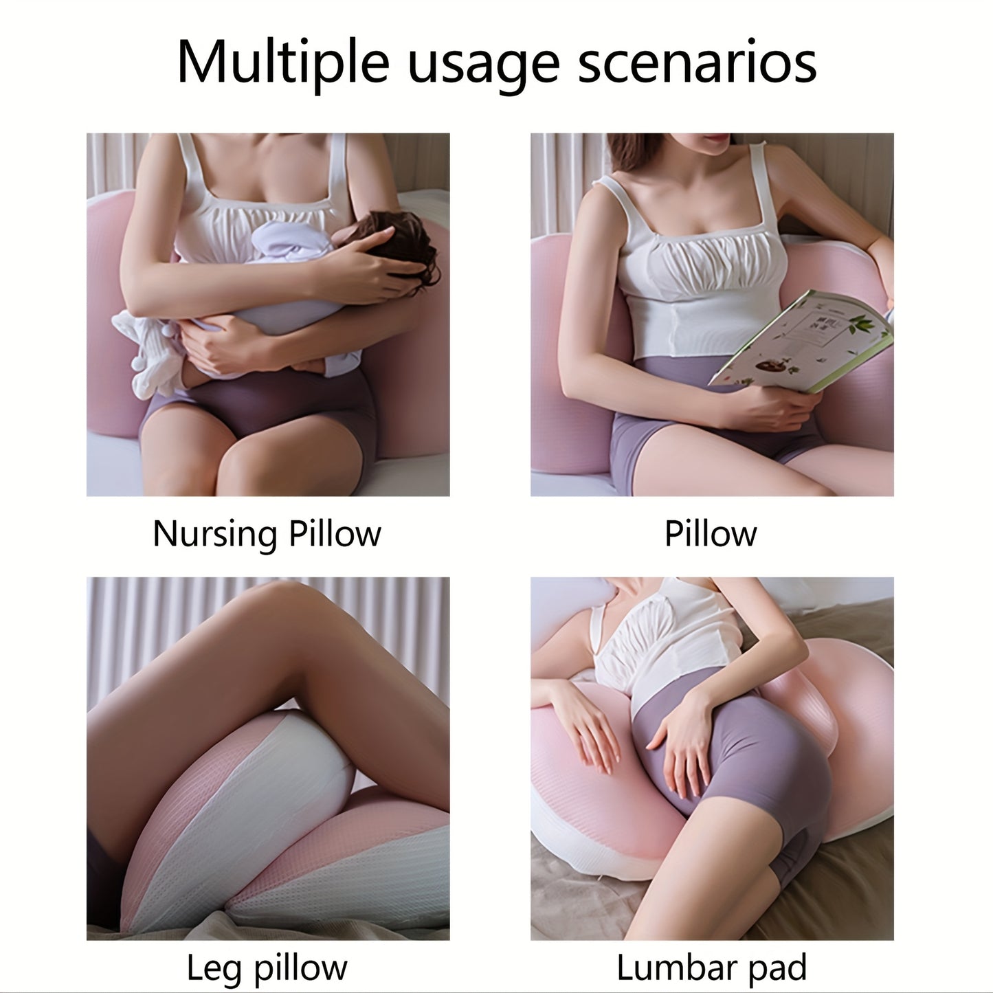 Pregnancy support pillow with U-shaped design, lumbar support, breathable fabric, adjustable, lightweight, and removable cover for side sleeping. Ideal for home bedding.