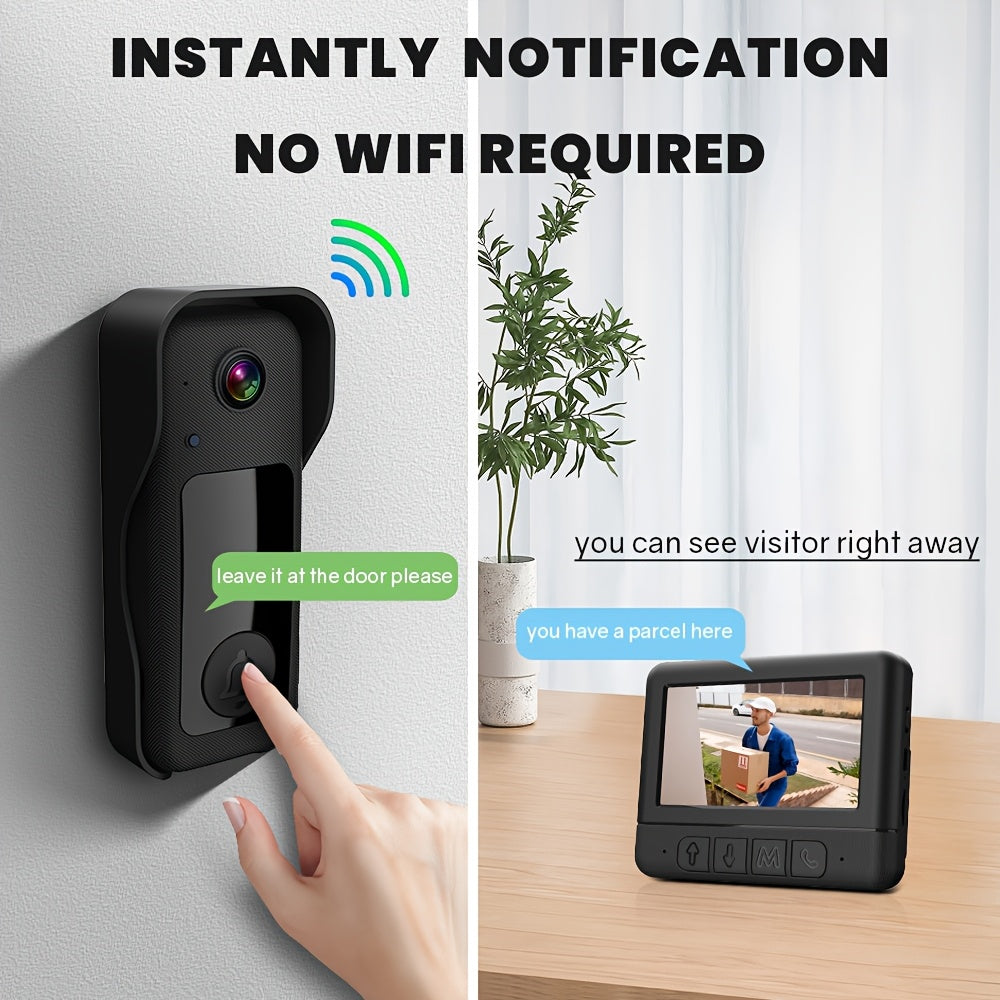 Wireless doorbell camera with monitor featuring sleek black design, HD night vision, two-way audio, photo & video recording, touchscreen & app control, voice changing feature, and easy