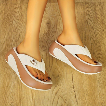 Women's stylish EVA flip-flops with arch support in cream & brown design for outdoor wear.