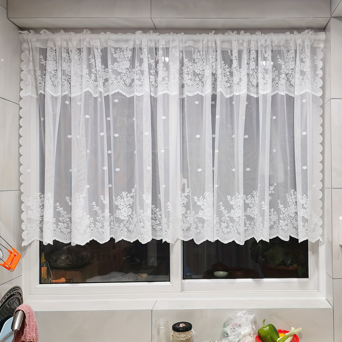 One piece of Romantic White Lace Curtain Panel, with adjustable length and machine washable. Featuring a delicate floral pattern, perfect for adding a touch of elegance to your bedroom, kitchen, or coffee shop decor.