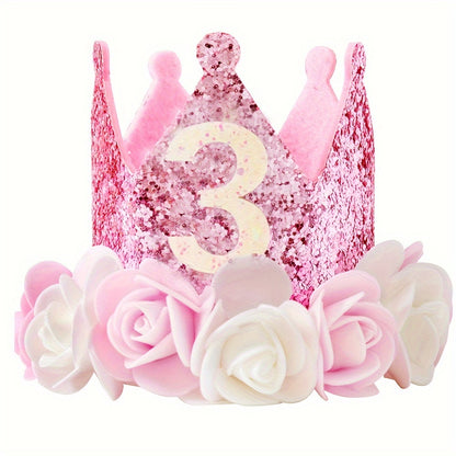 Pink and white flowered birthday crown hats for ages 1-5 with pink sequins.