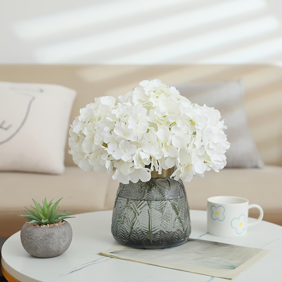 5 White Hydrangea Artificial Flowers with Stems - Great for Weddings, Holidays, Gardens | Versatile, No Container Needed, Suitable for Outdoor Use, Ideal for Christmas and Thanksgiving.