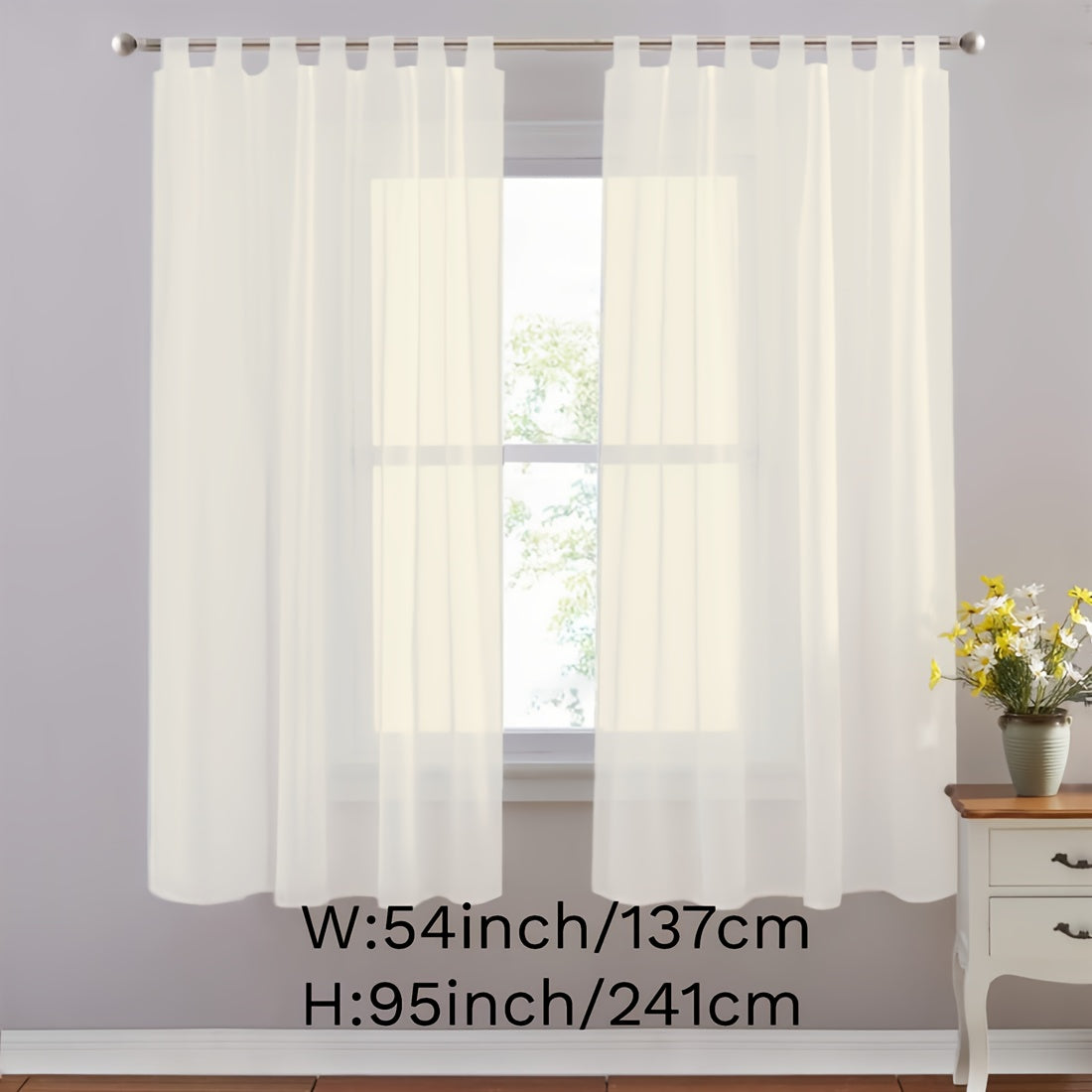 Set of 2 lightweight solid white sheer curtains with tab tops, perfect for bedroom, living room, and dining room. Includes 2 pieces.