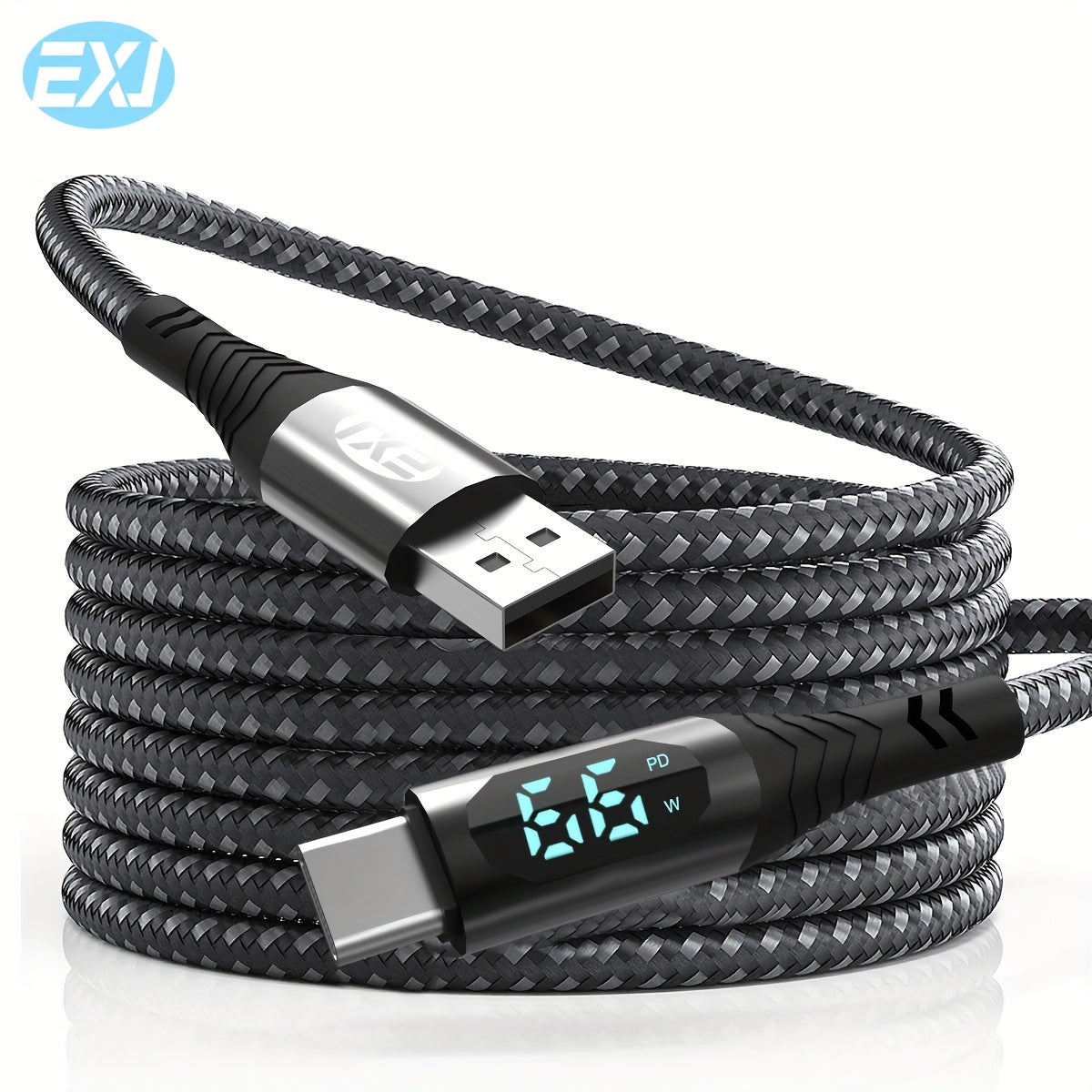 EXJ 240W Type-C to C Fast Charging Cable with Digital Display and Zinc Alloy Nylon Braid, Compatible with iPhone, Samsung, Xiaomi, Google, Computers, Tablets, iPads, Mobile Phones, and