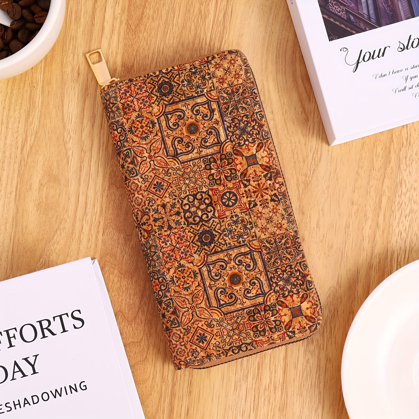 Women's vegan leather wallet with floral print, clutch coin purse, and faux wooden credit card holder.