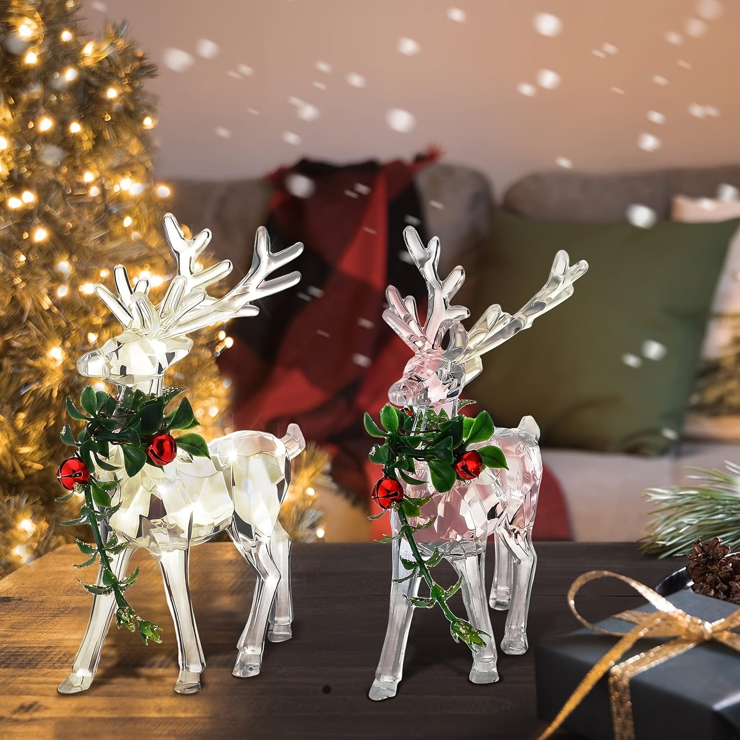 Clear acrylic Christmas reindeer figurines with red bells - perfect holiday decor for any room.