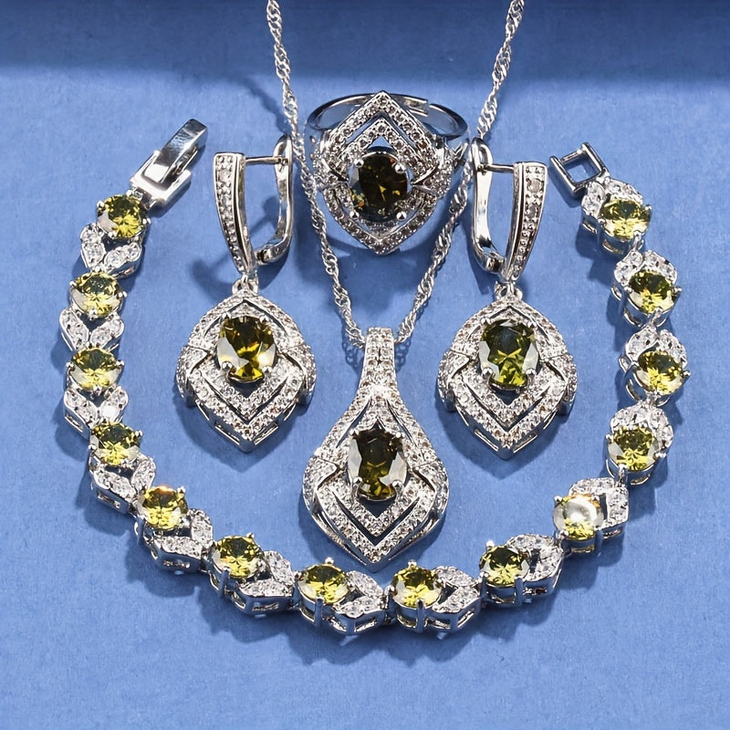 5-Piece Jewelry Set for Women featuring Synthetic Gemstones in Silver Plating - Includes Necklace, Earrings, Pendant, Ring, and Bracelet - Perfect for Weddings, Parties, or as a Halloween Accessory - Elegant and Classic Design with Copper Zirconia Mosaic.