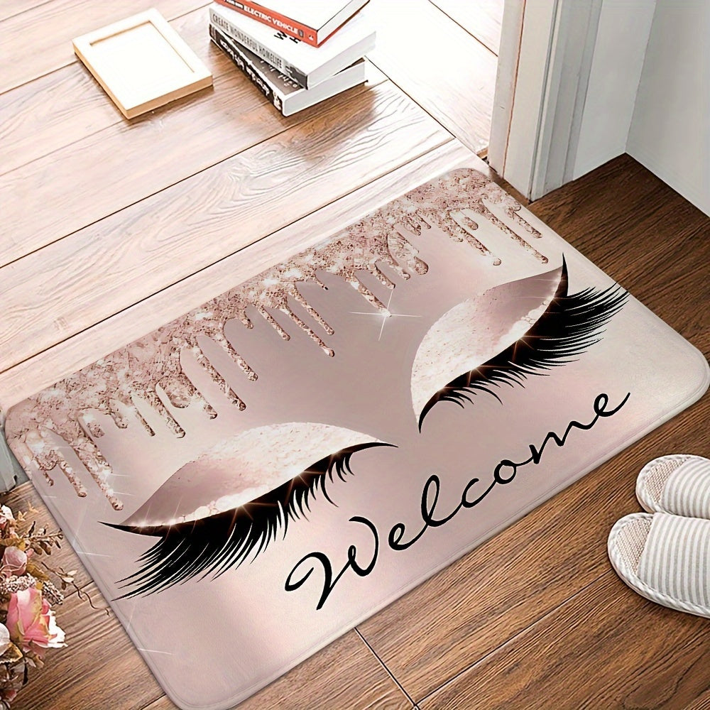 Pink eyelashes and letters patterned kitchen rug made of polyester vinyl material. This mat is anti-slip and absorbent, perfect for use in the kitchen, home office, sink area, or laundry room. It also provides anti-fatigue properties for added comfort.