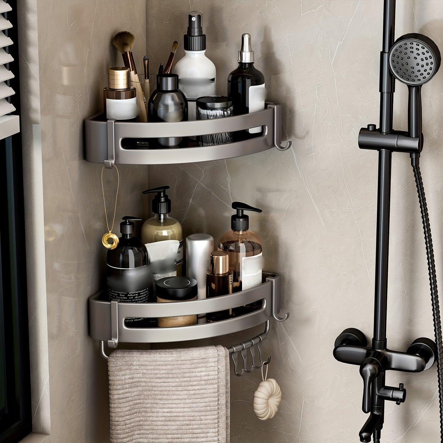 Wall-mounted bathroom storage rack for shampoo, shower gel, and cosmetics; made of space aluminum with no need for drilling.