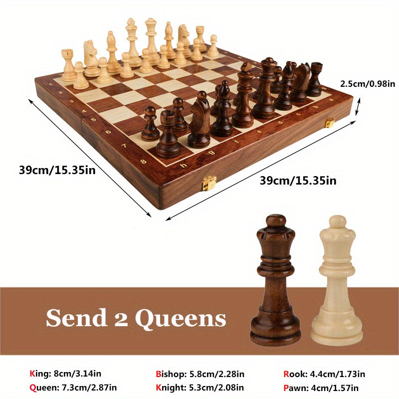 38.1cm X 38.1cm/15" X 15" Solid Wood Chess Set with Folding Board, Walnut Checkerboard, Internal Storage, 2 Bonus Queens.