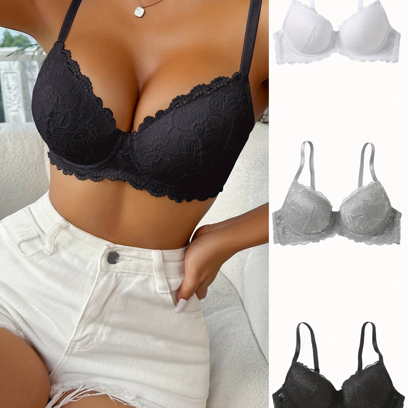 Three elegant lace push-up bras with underwire for women in black, white, and gray. Non-removable pads, hand washable, and comfortable polyamide blend.