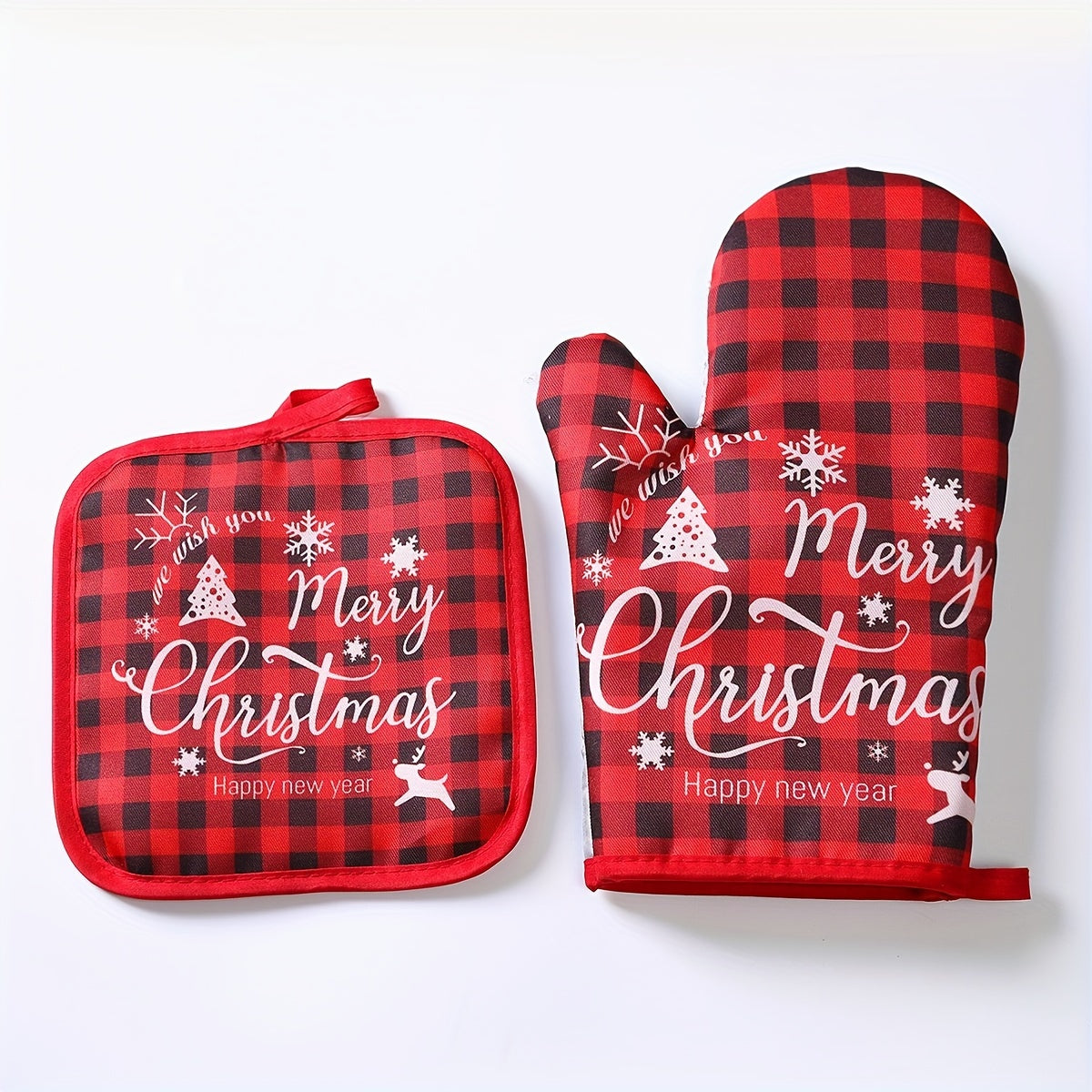 Set of 2 Christmas-themed kitchen oven mitts, made of thickened glass fiber gloves and heat-resistant pads. Perfect for festive cooking in the home kitchen, these accessories are non-food contact safe.