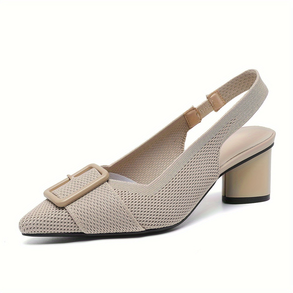 Women's mid-heel pumps with breathable knit, pointed toe, slip-on style, and chunky heel for all seasons.