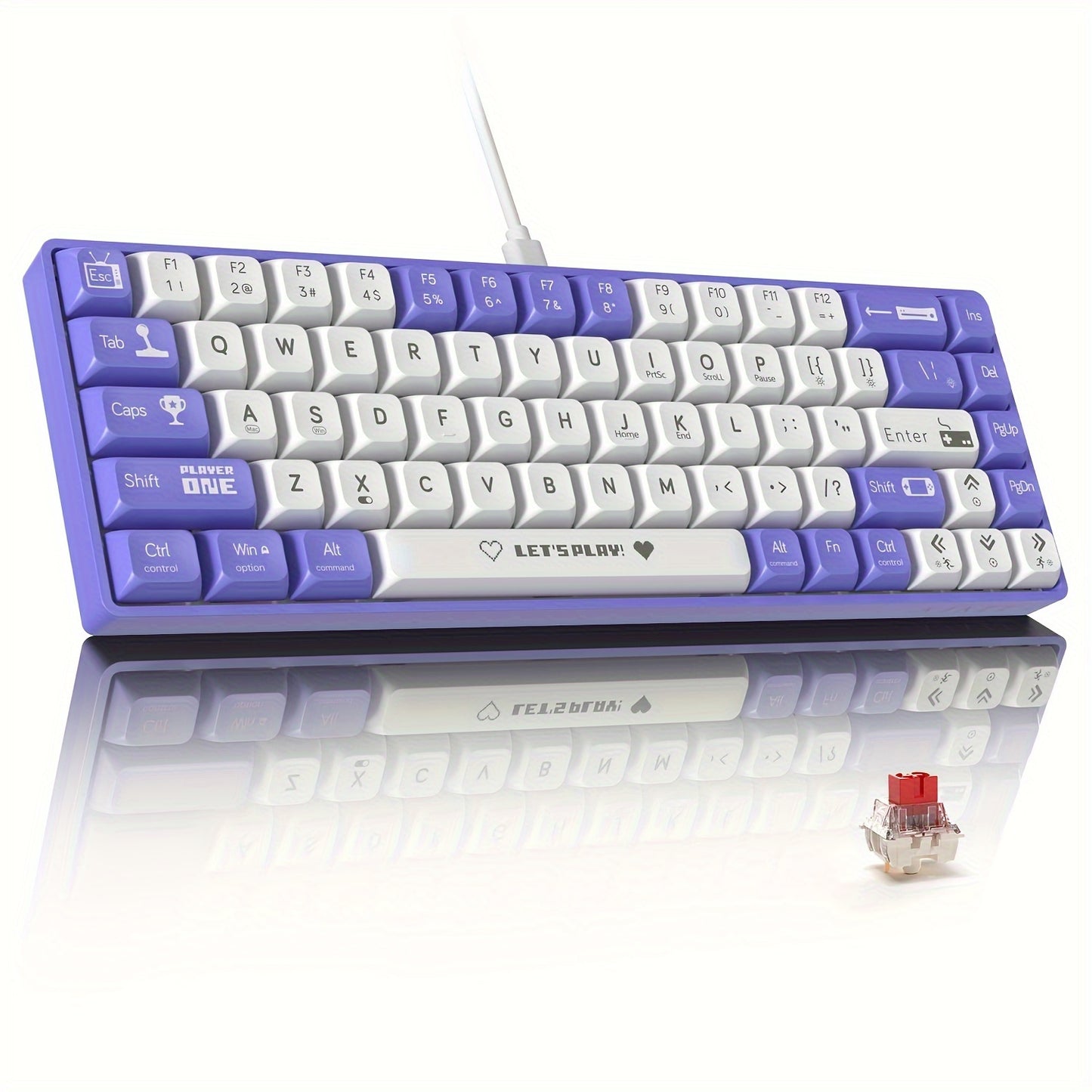 HOOPOND Wired Mechanical Gaming Keyboard - 65% Hot-Swappable, RGB Backlit, Red Switches, Ergonomic Design, Purple & White Color, Windows/Mac Compatible.