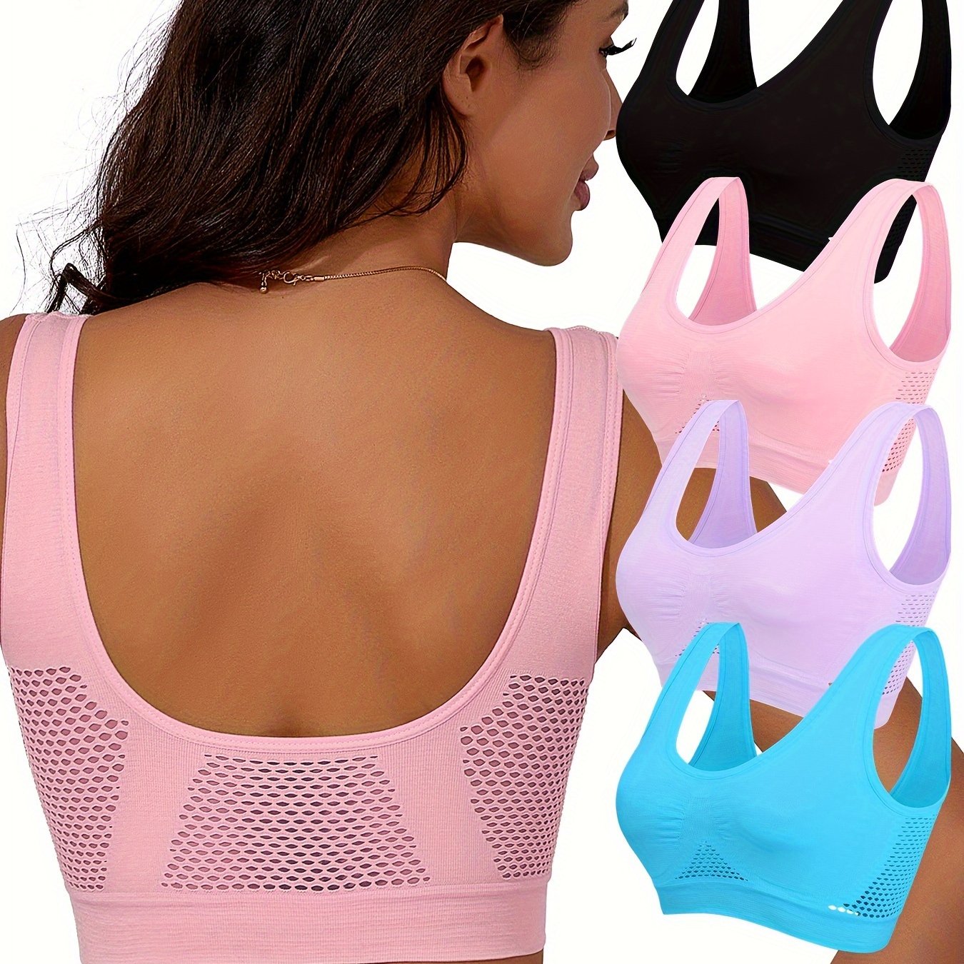 4 high-support sports bras for women, perfect for running and yoga, with breathable no-wire design and hollow-out detail.