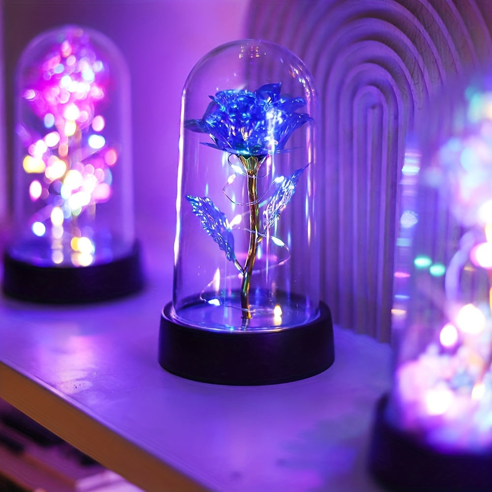 Battery-operated LED flower night light with rose pattern, plastic shade, non-rechargeable button batteries. Perfect for bedroom decor or romantic gifts.