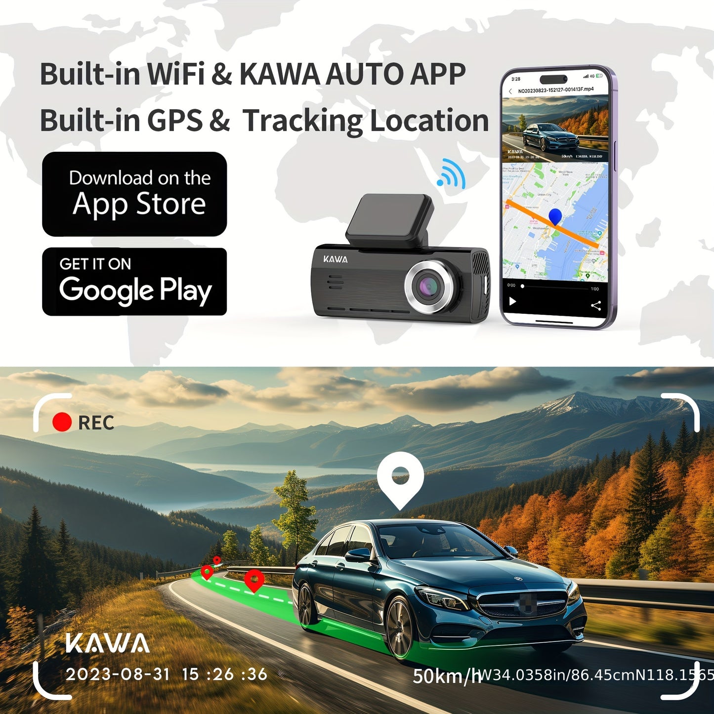 KAWA True 4K Dash Cam Front and Rear with WiFi, Starvis IMX415, 64GB TF Card, GPS, Voice Control, 8.03cm Screen, Night Vision, Loop Recording, 24H Park Mode - D8