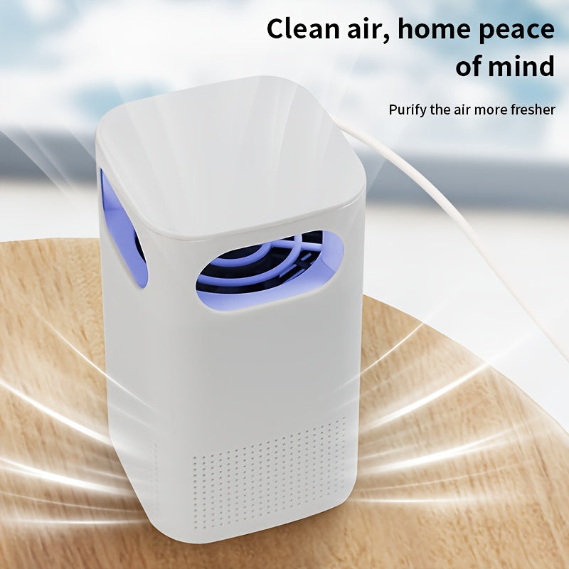 USB-powered air purifier with strong duct system, high-speed motors, quiet operation, and blue LED lights; ideal for bedroom, kitchen, and living room use.